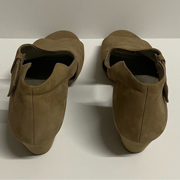 Eileen Fisher Iris Tan Tumbled Nubuck Leather Peep Toe Stacked Heel Sandals 9 - Picture 4 of 5